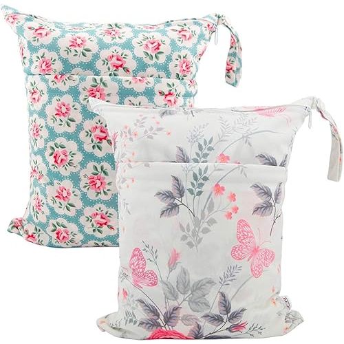 ALVABABY Wet Dry Bags with Two Zippered Pockets 2 Pack Travel Beach Pool Daycare Soiled Baby Items Reusable Waterproof Yoga Gym Floral Bag For Baby Cloth Diaper Swimsuits Wet Clothes Setting Gifts