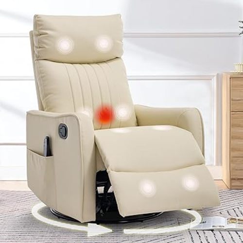 cinkehome Swivel Rocker Recliner, Glider Rocker Recliner Chair for Nursery, Manual Reclining Chair with Heated Massage, Small Spaces, Living Room, Faux Leather Beige
