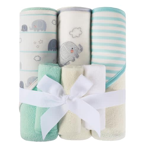 Softan Baby Hooded Towels and Washcloths Set 6 Pack, 28x28 Ultra Soft & Absorbent Baby Bath Towels for Newborn Infant Toddler, Unisex Boys Girls (Green Elephant)