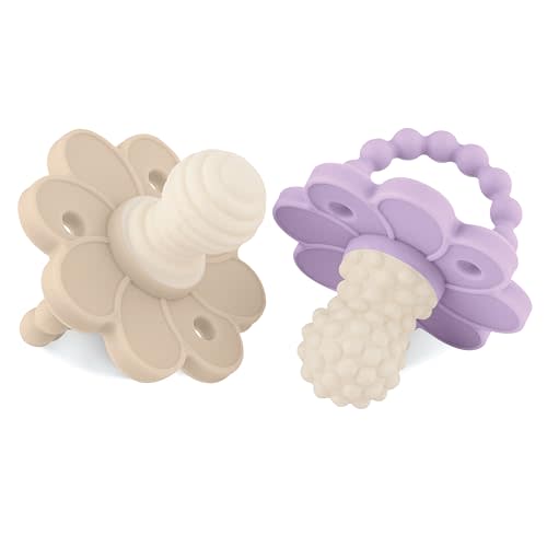 Soothipop Silicone Pacifier Teething Toys for Babies 0-6 Months 12, 18 Months - (2 Pack) Pacifier Shaped Baby Teether, Soft Teething Pacifiers for Babies Baby Teething Relief Flower (Purple & Beige)
