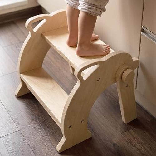 Montessori Kids 2 Step Stool Foldable Solid Wood Stool, Natural