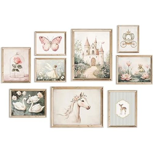 Vintage Fairy Nursery Wall Art Baby Girl Room Canvas Wall Decor Pink Fairytale Poster Pastel Floral Swan Paintings Magic Fantasy Pictures Pink Nursery Artwork for Girls Bedroom 8x10x9 Inch Unframed