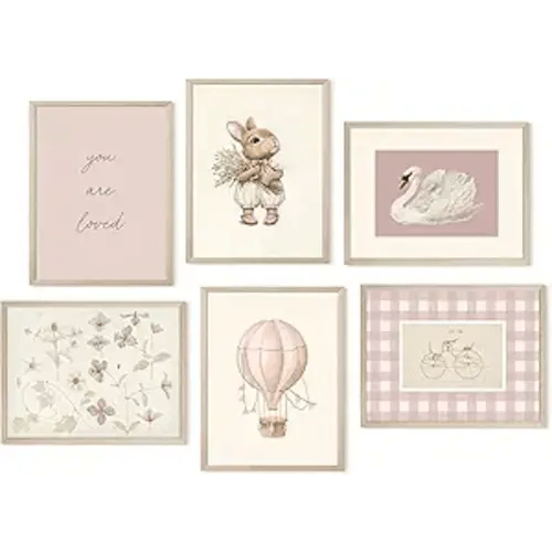 Pink Nursery Wall Art Baby Girl Canvas Wall Decor Vintage Poster Bunny Flower Wall Art Antique Preppy Pictures Animal Floral Prints Kids Swans Painting for Girls Room Bedroom 8x10x6 Inch Wood Framed