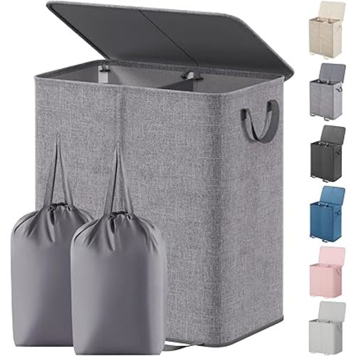 Lifewit Double Laundry Hamper with Lid and Removable Laundry Bags, Large Collapsible 2 Dividers Dirty Clothes Basket with Handles for Bedroom Laundry Room Closet Bathroom College, 155L Grey