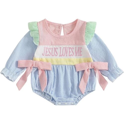 Newborn Baby Girl Fall Clothes Jesus Loves Me Embroidery Bubble Romper Striped Long Sleeve Bodysuit Baptism Outfit