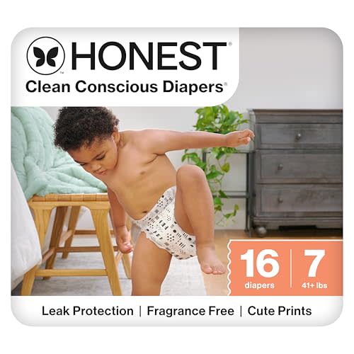 The Honest Company Comfort Dry Disposable Diapers for Sensitive Skin, Hypoallergenic, Fragrance-Free, Pattern Play, Polybag Size 7 (41 lbs), 16 Count