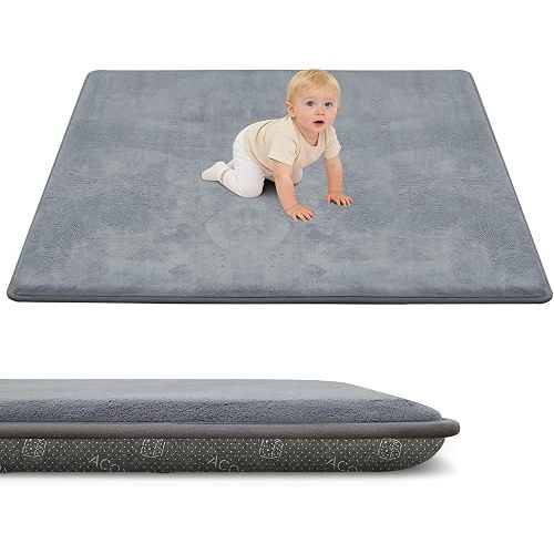 ACOMOPACK 1.3" Thick Baby Play Mat for Floor 71x79"-Large Water-Repellent&Non-Slip Memory Foam Mat for Kids,Toddlers,Soft Velvet Nursery Rug for Tummy Time&Crawling,Yoga,Tatami Style(Grey)