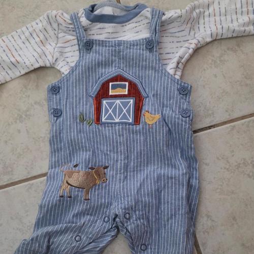 Blue pinstripe baby overalls with barn, cow, and...