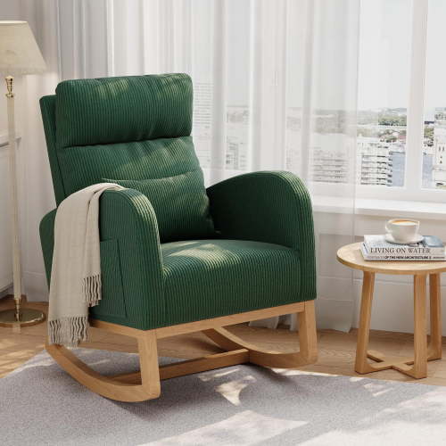 Rocking Glider Chair with Side Pockets and Pillow, Nursery Accent Chair, for Living Room Bedroom Nursing Room, Dark Green
