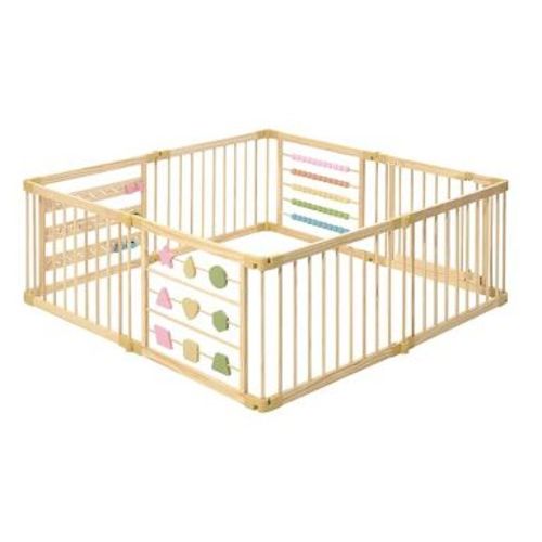 ZETY Wooden Baby Playpen 63"x63" 8 Panel, Geometry Activity Play Yard, Natural Pine