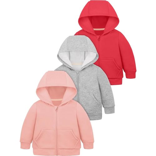 Cooraby 3 Pieces Baby and Toddler Girls Fleece Full-Zip Hoodies Lightweight Jacket with Pockets Winter Coat for Baby Girls