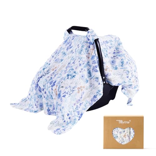 TILLYOU Baby Car Seat Cover, Breathable Muslin Cotton Infant Car Seat Cover, Lightweight Canopy with Sun and Bug Protection(Blue Flower)