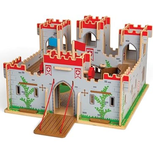 Bigjigs Toys King George's Castle Wooden Toy for Kids Age 3+ | Working Slot-Together Fort with Drawbridge, Balconies & Doors | Medieval Wood Toys for Fantasy Role Play | Educational Gift for Children
