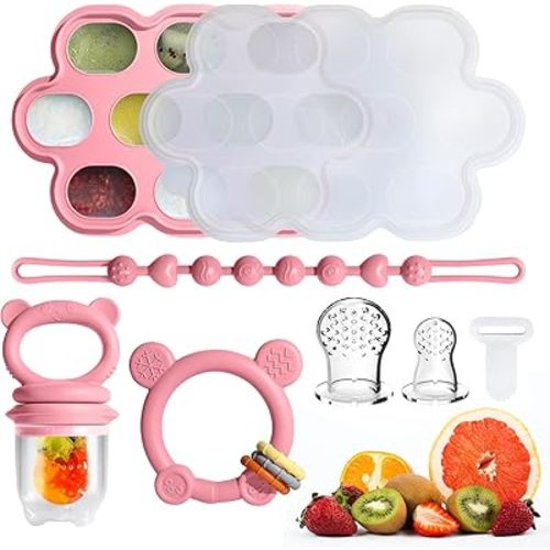 Baby Fruit Food Feeder & Breastmilk Popsicle Molds for Teething Relief, Baby Feeding Sets, 1 Freezer Tray with Lid & 1 Teether Toy & 1 Silicone Teething Pacifier Feeder, Extra Food Pouches (Pink)