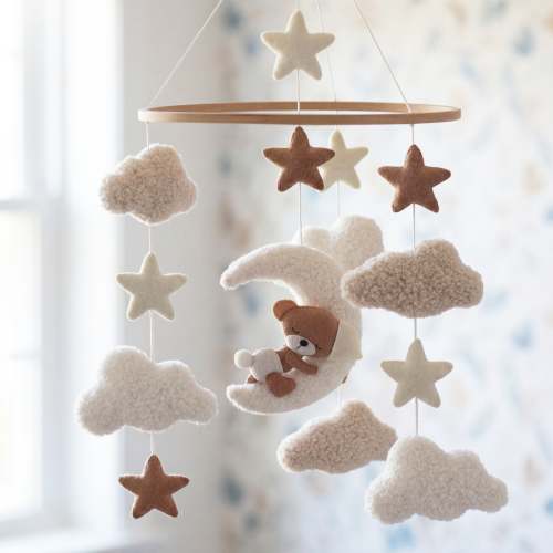Sleepy Time Felt Mobile - Neutral Fluffy Cloud Sweet Dreams Bear