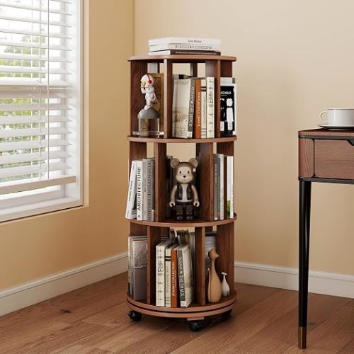 3-Tier Wood Rotating Bookshelf on Wheels, 360° Spinning Bookshelf Tower