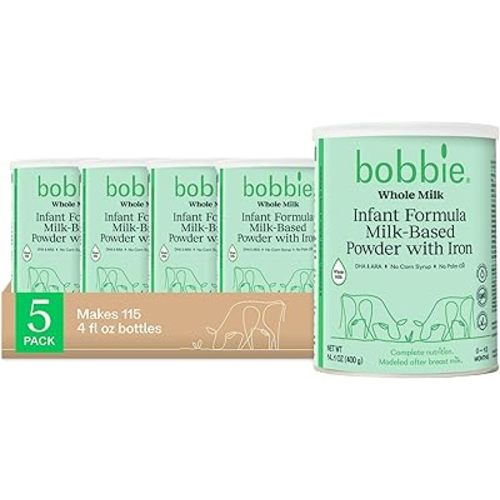 Bobbie Whole Milk, Grass Fed Baby Formula with Iron, Plant Based DHA and ARA, Vitamin D and Protein Blend Modeled After Breast Milk, For Newborn Baby to 12 Month Old, 14.1 oz, 5 Pack