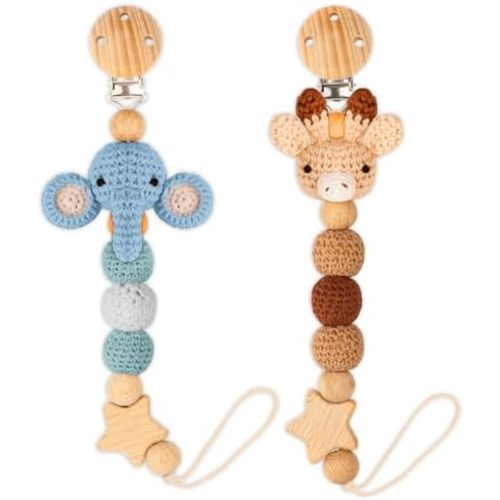 Pacifier Clip, 2 Pack Pacifier Clips for Newborn Boys and Girls, Cute Handmade Knitted Pacifier Holder Fits for Most Pacifier, Baby Shower and Baby Gift