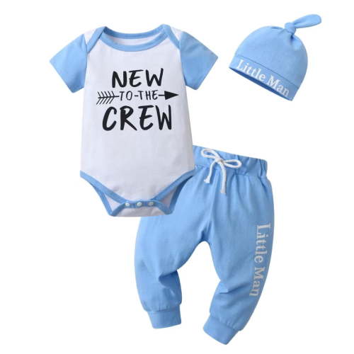 Newborn Baby Boy Clothes Letter Long Sleeve Romper + Pants + Hat 3PCS Outfits Set（Blue,0-3 Months)