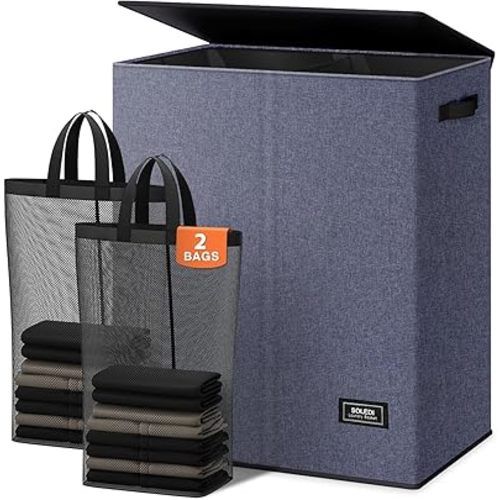 SOLEDI Large Double Laundry Hamper with Lid, Collapsible Clothes Hamper 2 section with Removable Bags, Space-Saving Laundry Basket for Bedroom, Dorm, College