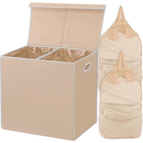 Simple Houseware Double Laundry Hamper with Lid and Removable Laundry Bags, Beige
