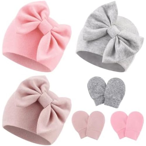 Newborn Baby Hats and Mittens Set Infant Bow Beanie Cap Toddler Gloves Newborn Hospital Hats for Baby Boy Girl Kid 0-6 Months