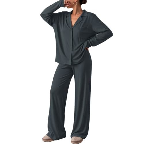 Trendy Queen Women Pajamas Set Sleepwear Fall 2 Piece Soft Lounge Pjs | Button Down Pajamas,Long Sleeve Top and Wide Leg Pants,Soft Loungewear,Button Up,Fall Fashion Clothes 2026