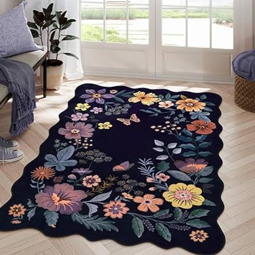 Lahome Floral Washable Rugs for Bedroom, 4X6 Area Rug Ultra-Thin Soft Living Room Rug, Non-Slip Classroom Rug Stain Resistant Lightweight Boho Low-Pile Throw Carpet for ‎Office (4x6ft,Purple)