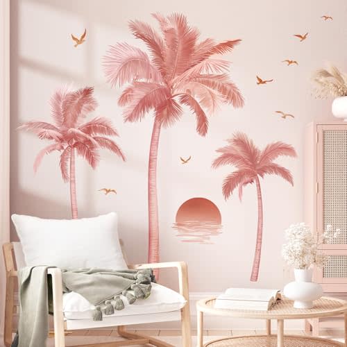 wondever Boho Palm Tree Wall Stickers Large Tropical Tree Sunset Peel and Stick Wall Art Decals for Bedroom TV Background Living Room