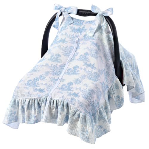 Tegeme Toile De Jouy Blue 100% Muslin Baby Car Seat Cover 2-in-1 Breathable Multi-use Nursing Infant Car Seat Cover Windproof Canopy for Breastfeeding Strollers Carriers