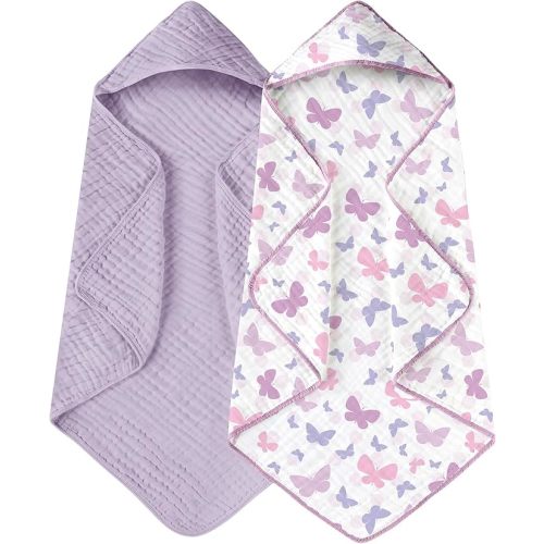 Yoofoss Hooded Baby Towels for Newborn 2 Pack 100% Muslin Organic Cotton Baby Bath Towel with Hood for Babies, Infant, Toddler and Kids, 32x32Inch, Soft and Absorbent Newborn Essential, Butterfly