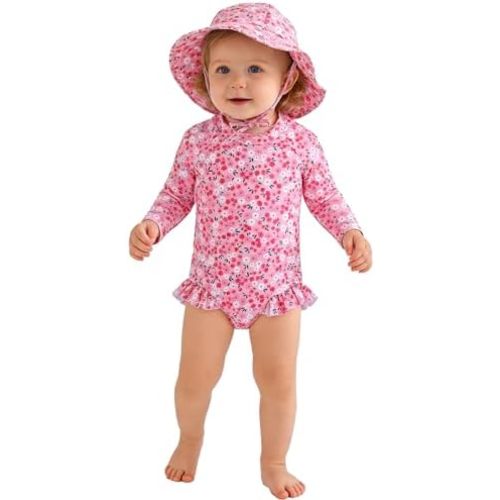 Baby Girl Swimsuit Long Sleeve One Piece Rash Guard with Sun Hat Zipper Bathing Suit Size 0-2T