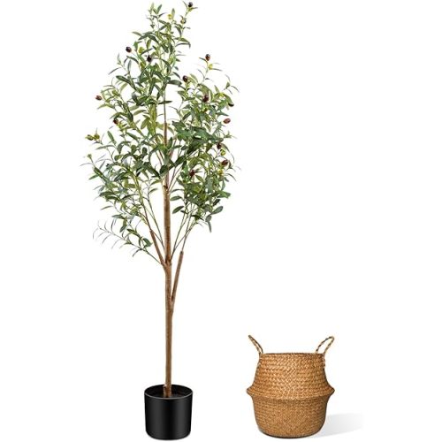 5FT Artificial Olive Tree Indoor, Tall Faux Olive Tree with Pot&Basket, Large Fake Olive Tree with Realistic 720 Silk Leaves and 40 Fruits for Living Room Home Office Decor