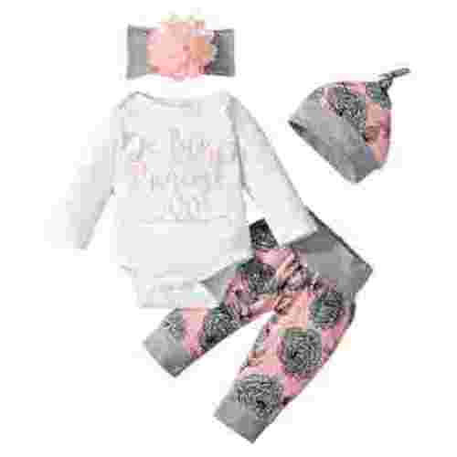 KIMI BEAR Newborn Baby Girl Outfits 3-6 Months Fall Winter Clothes Sets Letter Print Long Sleeves Romper Top Floral Pants Hat Headband 4PCS Pant Sets White