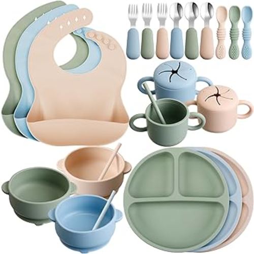 24 Pack Silicone Baby Feeding Set Baby Led Weaning Supplies Includes Suction Divided Plates Soft Bowl Spoons Forks Adjustable Bib Snack Cup and Straws for Baby Self Eating Feeding Supplies, 3 Colors