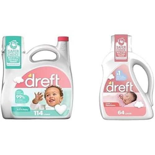 Bundle of Dreft Stage 2 Active Baby Liquid Laundry Detergent, 114 loads + Dreft Stage 1: Newborn Hypoallergenic Liquid Baby Laundry Detergent, Natural for Baby, Newborn, or Infant, 92 Oz (64 loads)
