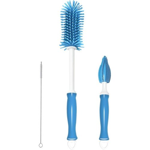 Bottle Brush Set 3-in-1, Including Long Handle Silicone Bottle Brush, Detail Cleaner, Straw Brush, Non Scratch Cleaning Brushes for Water Bottles, Tumblers and Glass (Blue)