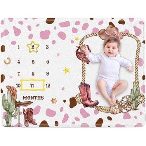 Cowgirl Baby Milestone Blanket, Pink Cow Print Western Monthly Growth Mat with 2 Photo Frames, Newborn Photography Prop, Baby Girl Shower Decorations and Nursery Keepsake
