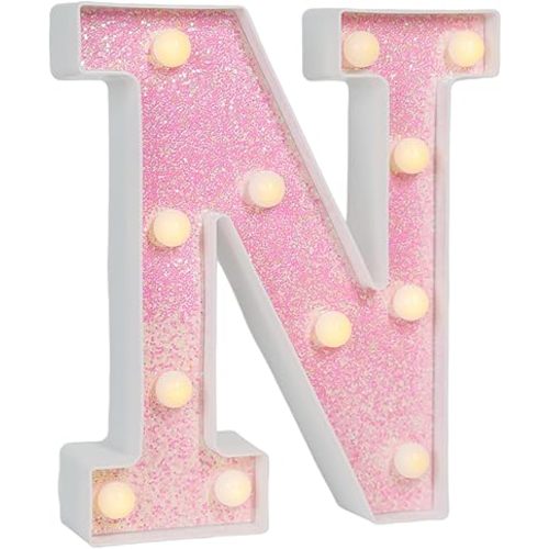 Pink Glitter Marquee Light Up Letters, Battery Operated LED Letter Lights Signs for Pink Birthday Party Table Decorations, Wall Decor for Girls Bedroom, Initial Letter N with Warm White Lights