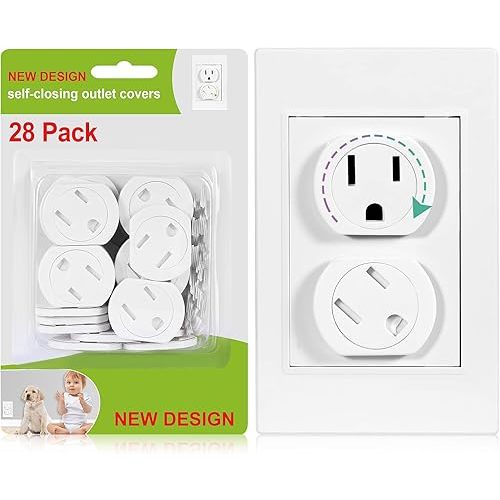 Outlet Covers (28 Pack) Self-Closing Child Proof Socket Covers 3-Prong Swivel Outlet Plug Covers Upgraded Adhesive Installation Comes with Extra Sticker Electrical Outlet Protectors for Baby