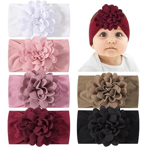 jollybows 6pcs Baby Girls Flower Hair Headbands Nylon Hair Bands Elastic Hair Accessories for Newborn Kids Infants Toddlers Dark Color