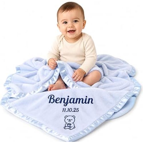 Personalized Baby Blanket for Boys, Custom Baby Blanket for Newborn, Personalized Baby Blankets with Name Animals Birth Info First Birthday (Blue)