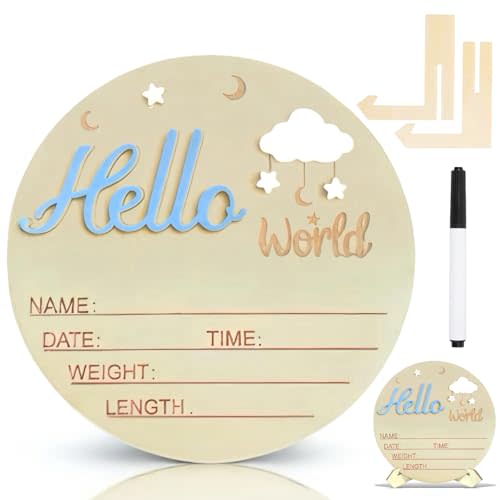 Baby Announcement Sign,personalized Wooden 5.9inch Hello World Newborn Sign,Birth Name Announcement Sign,3D Pattern,Boys And Girls Gift,Hospital Nursery For Baby (Clouds blue)