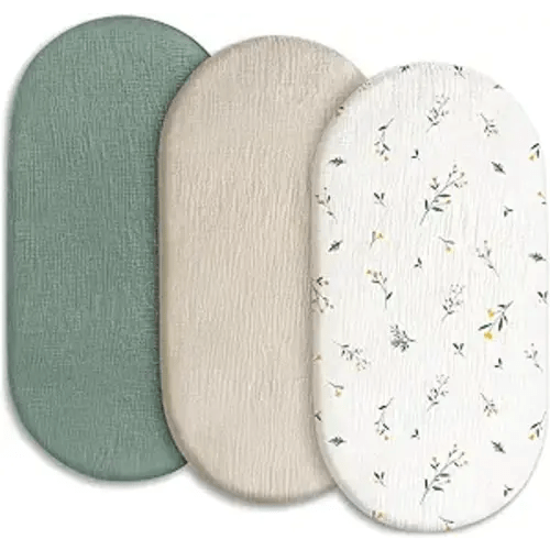Gllquen Baby Muslin Bassinet Sheets 3 Pack, Breathable Elastic Cozy Fitted Cotton Bassinet Mattress Sheet for Baby Boy Girls, Fit for Hourglass Oval Rectangular Cradle Pad Sheets 33"x17" (Green)