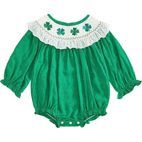Infant Baby Girl St Patricks Day Outfit Embroidered Clover Romper Green Onesie Long Sleeve Smocked Bubble Clothes