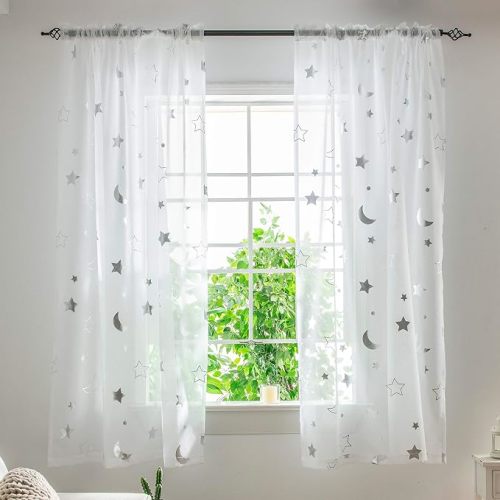 Silver Foil Print Sheer Moon Star Curtains for Girls Room - Rod Pocket Light Filtering Privacy Protection Window Drapes Semi Voile Kids Curtains for Boys Bedroom 72 Inch Length, Set 2 Panels, 52x72