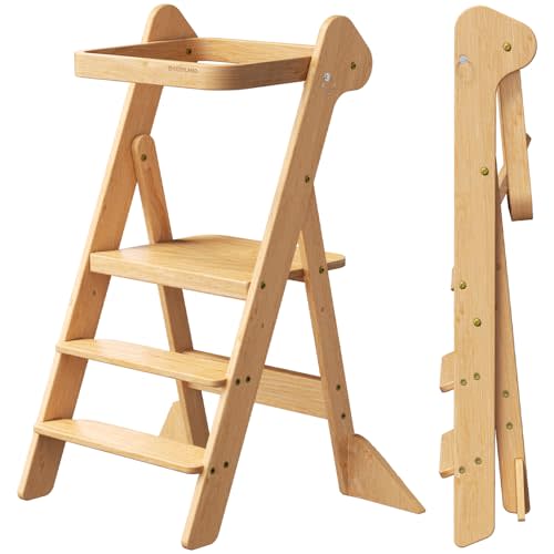 COSYLAND Foldi Foldable Toddler Kitchen Stool - Adjustable Height Toddler Standing Tower with Net & Safety Feet, IF Award-Winning Wooden Learning Step Tower for Kids Ages 18M-6Y, Natural