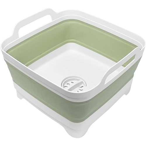 2.4 Gal(9L) Collapsible Dish Basin with Drain Plug, Space Saving Outdoor Multiuse Foldable Sink Tub, Dishpan, Kitchen Storage Tray for Camping, Vegetable Washing, RV (Green)