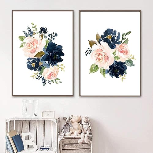 PUYIQARE Plants Flower Prints Wall Art Watercolor Blue Flower Art Print Navy Blush Pink Watercolor Floral Canvas Wall Art Boho Girls Nursery Wall Decor for Nursery Decor Unframed