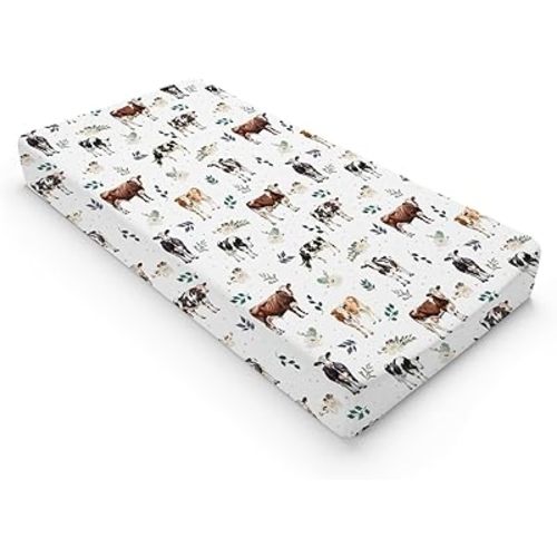 Watercolor Cow Boho Leaves Baby Changing Pad Cover for Boy Girl 32''x16'' Farm Cows Green Leaves Fitted Diaper Changing Pad Sheets Comfort Soft Breathable Nursery Changing Table Mats